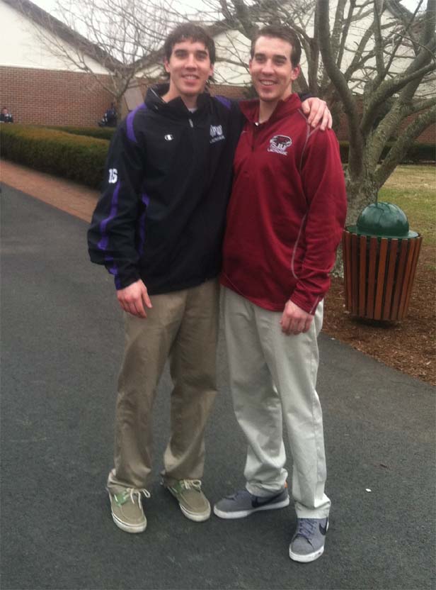 TWIN FUN - High Point sophomore Pat Farrell (left) and twin brother Will of St. Joe's squared off in Saturday's contest. The Hawks won, 8-5, as broth twins started on defense.