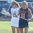 Syracuse's Amy Cross (Upper Dublin, front) and Villanova's Hannah Goforth (Bishop Shanahan) squared off in Friday's BIG EAST contest. Each player scored once in the Orange victory.